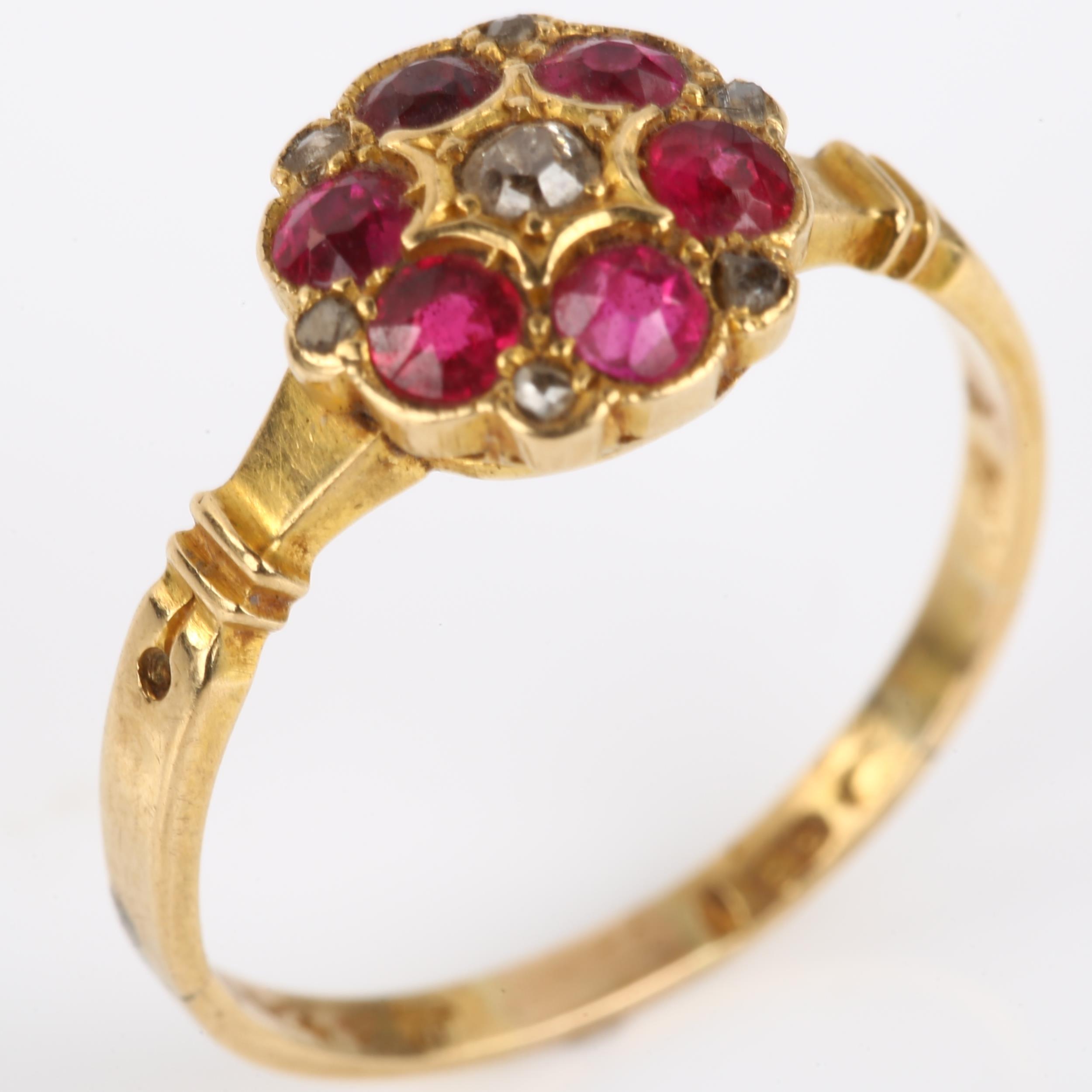 An Antique 18ct gold ruby and diamond cluster ring, set with round-cut rubies and rose-cut diamonds, - Image 2 of 4