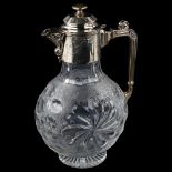 A 19th century silver plated glass Claret jug, engraved foliate decoration with diamond and spiral