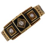 A Victorian 15ct gold diamond pearl and black enamel memorial band ring, with engraved shank,