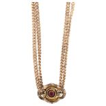 An Antique rose gold plated fine double curb link long guard chain, with stone set slide and dog