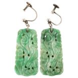 A pair of Chinese jade panel drop earrings, sterling silver screw-back settings with carved and