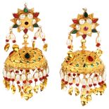 A pair of Indian jhumka chandelier earrings, with pearl en tremblant drops and shepherd hook