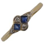 An Art Deco 18ct gold sapphire and diamond dress ring, platinum-topped, set with square-cut