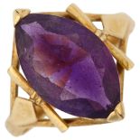 A Continental 18ct gold marquise amethyst dress ring, setting height 16.7mm, size O, 3.4g No