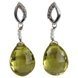 A pair of 9ct white gold lemon quartz pearl and diamond drop earrings, earring height 40.3mm, 7.4g