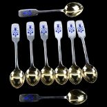 ANTON MICHELSEN - a set of 8 Danish sterling silver and blue enamel abstract coffee spoons, length