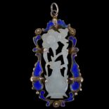 A Taiwanese silver-gilt jade and blue enamel vase and flowers pendant, height excluding bale 46.3mm,