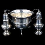 Various silver, comprising sugar bowl, hallmarks Sheffield 1905, and pair of pepperettes with filled