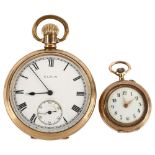 2 gold plated pocket watches, comprising Elgin and miniature fob watch, largest case diameter