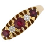 An early 20th century 18ct gold graduated five stone ruby and diamond half hoop ring, setting height