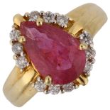 A large 18ct gold pinkish orange sapphire and diamond pear-cluster ring, set with pear-cut