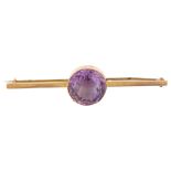 A 19th century 9ct gold amethyst bar brooch, set with large round-cut amethyst, amethyst measures: