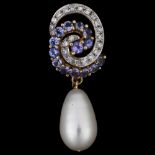 A modern 9ct gold pearl tanzanite and diamond swirl pendant, pendant height 32mm, 2.5g No damage
