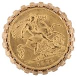 Am Edward VII 1909 gold half sovereign coin, in 9ct ring mount, setting height 22.4mm, size R, 13g