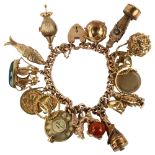 An early 20th century 9ct rose gold curb link charm bracelet, with 15 x 9ct charms, 1 x 1913 half