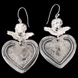 FOREE HUNSICKER - a pair of American sterling silver 'My Valentine' heart drop earrings, with