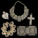 Various Continental silver filigree jewellery, including heart scent bottle, cross pendant etc,
