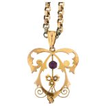 An Edwardian Art Nouveau 9ct gold amethyst and pearl openwork pendant necklace, on gold plated