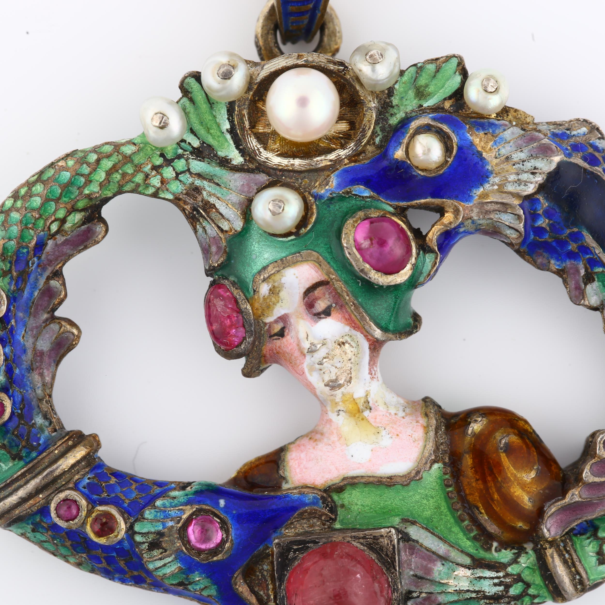 A large late 19th century Austro-Hungarian silver ruby pearl and enamel figural pendant necklace, - Image 2 of 4