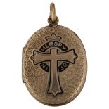 A Victorian gold plated enamel memorial photo locket pendant, allover engraved decoration with cross
