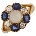 An Antique 18ct gold opal sapphire and diamond cluster flowerhead ring, set with round cabochon