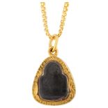 A Thai Phra Pidta Buddha amulet pendant necklace, in high carat gold engraved frame with high