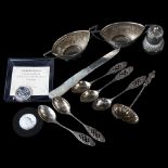 Various silver including mother-of-pearl fruit knife, brilliant uncirculated first silver