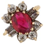 A late 20th century synthetic ruby and diamond cluster ring, unmarked gold settings with oval