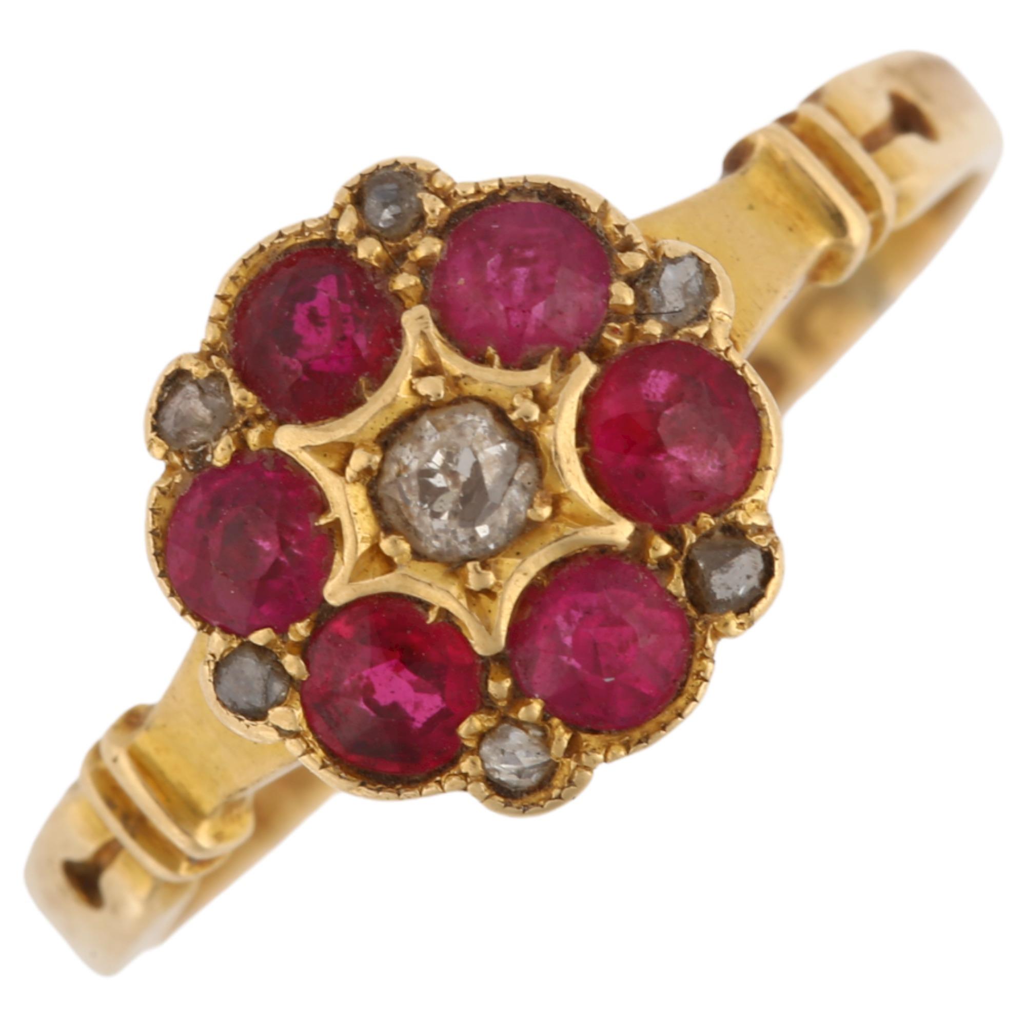 An Antique 18ct gold ruby and diamond cluster ring, set with round-cut rubies and rose-cut diamonds,