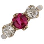 A three stone synthetic ruby and diamond ring, set with oval mixed-cut ruby and old-cut diamonds,