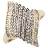 A modern 9ct gold diamond cluster dress ring, set with modern round brilliant and baguette-cut