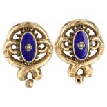 A pair of 19th century split pearl and blue enamel clip-on earrings, unmarked yellow metal settings,