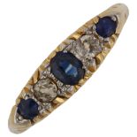 An early 20th century 18ct gold graduated five stone sapphire and diamond half hoop ring, total