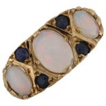 A late 20th century 9ct gold opal and sapphire half hoop ring, set with oval cabochon opal and
