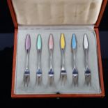 FRIGAST - a set of 6 Danish sterling silver and harlequin enamel pickle forks, length 10cm, cased No