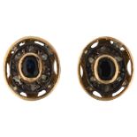 A pair of sapphire and diamond cluster earrings, unmarked gold settings with oval mixed-cut sapphire