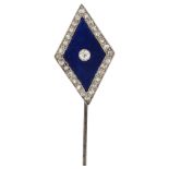 An Art Deco lapis lazuli and diamond lozenge stickpin, unmarked white metal settings with old
