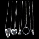 5 Danish stylised silver pendant necklaces, makers include Randers Solvvarefabrik, largest pendant