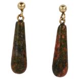 A pair of brecciated Jasper hardstone drop earrings, unmarked yellow metal settings, earring