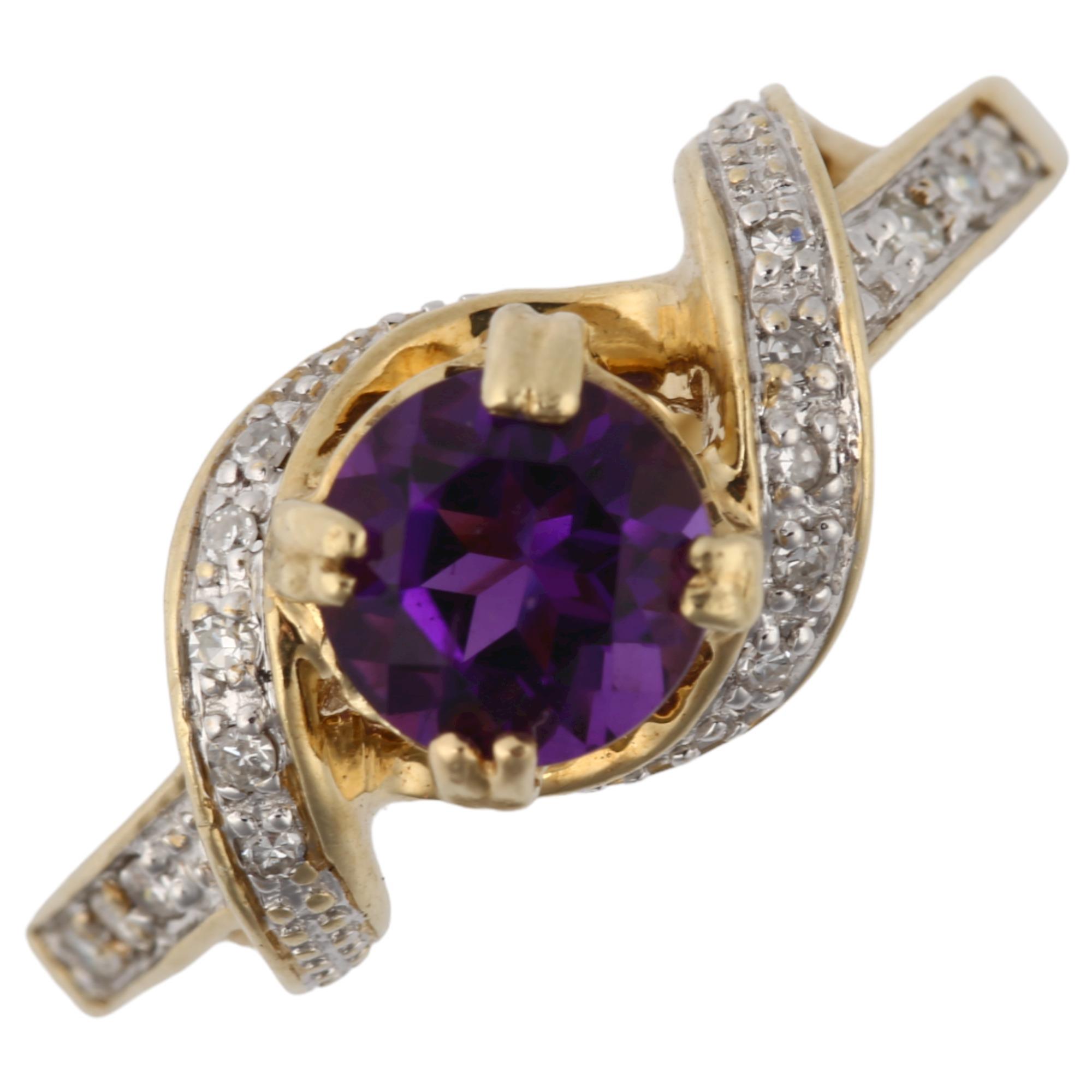 A modern 9ct gold amethyst and diamond dress ring, setting height 8.9mm, size N, 3.1g No damage or