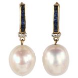 A pair of pearl sapphire and diamond drop earrings, unmarked gold settings with calibre-cut