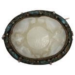 A Chinese jade and enamel Good Fortune brooch, relief carved with bats and seal, in unmarked white