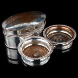 A silver plated biscuit box and a pair of silver plated wine coasters, diameter 13cm Lot sold as