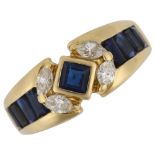 A modern 18ct gold sapphire and diamond dress ring, set with calibre-cut sapphire and marquise-cut