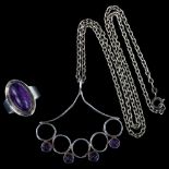 NIELS ERIK FROM - a Danish modernist sterling silver and amethyst matching pendant necklace and ring