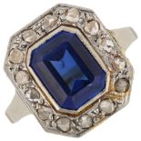 A synthetic sapphire and diamond octagonal cluster ring, unmarked gold settings with emerald-cut