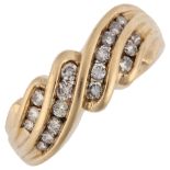 A large 9ct gold diamond crossover band ring, set with modern round brilliant-cut diamonds, total