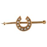 A 19th century split pearl horseshoe bar brooch, unmarked rose gold settings, brooch length 37.