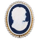 An Italian blue agate hardstone cameo brooch/pendant, relief carved depicting female profile with