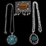 Various silver stone set jewellery, including Israel tigers eye brooch, length 52.4mm, 70g total (3)